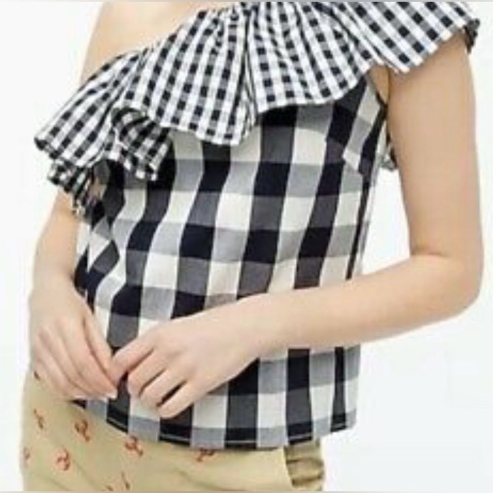 J. Crew White and Navy Gingham Ruffle One Shoulder Blouse - Picture 7 of 8